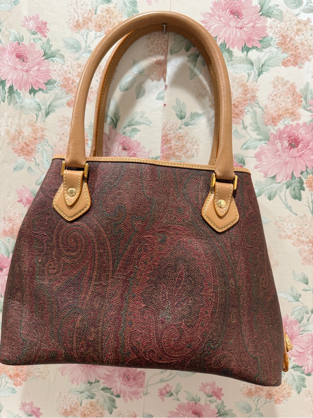 Etro Classic Paisley Tote Bag in Burgundy with Tan Handles